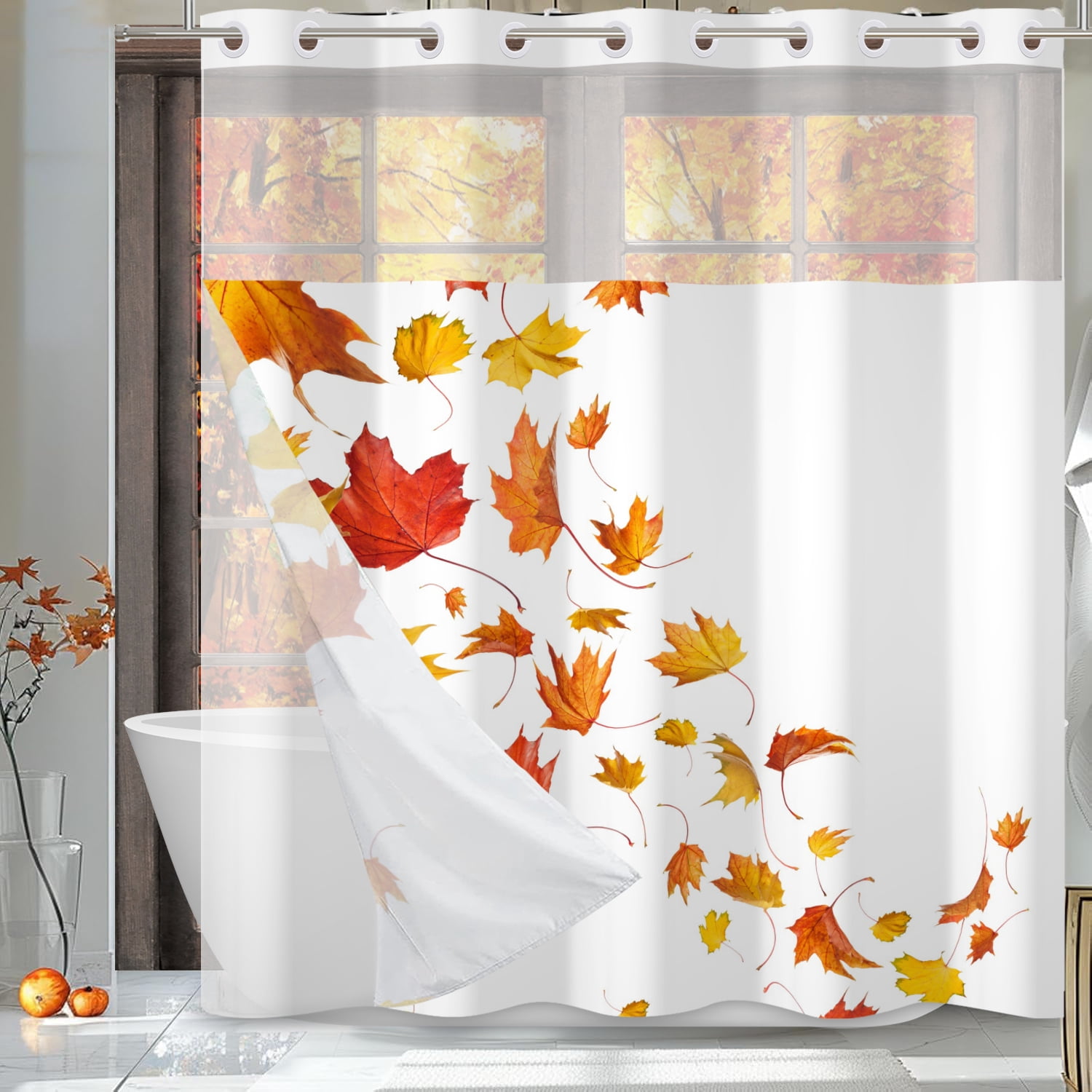 MIZHONA Fall Thanksgiving Shower Curtain with Snap in Liner,Maple Leaves No Hook Fabric Bathroom Curtain,71"× 86"