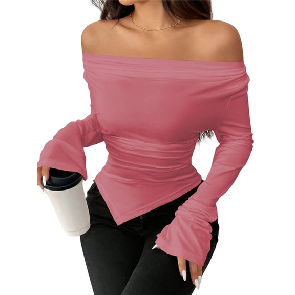 Women'S Long Sleeve Draped Neck Shirts Slim Fit Going Out Y2k Tops Blouses Fall Outfits Fashion Clothes Peach Color M