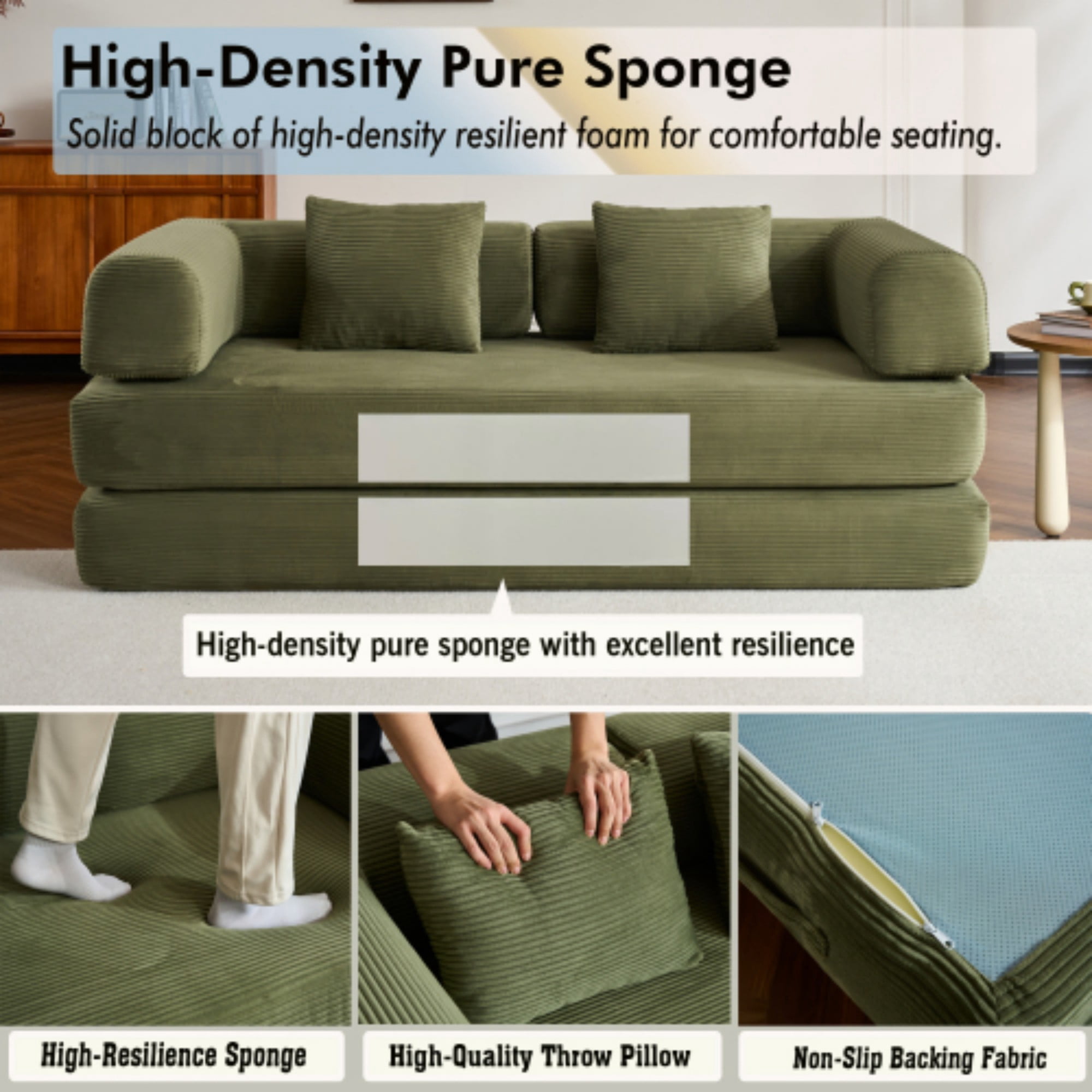 BSHTI 77" Corduroy Convertible Sleeper Sofa Bed with Cylindrical Pillow, No Assembly, Small Space for Living Room（Green）