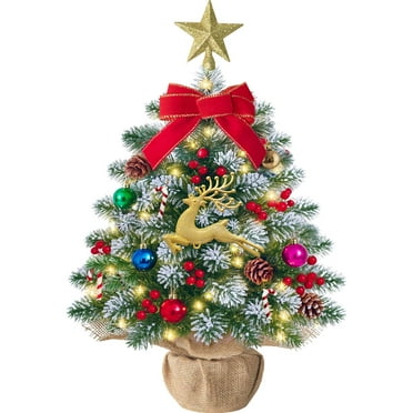 MoonSun Mini Christmas Tree with Lights, 2FT Snow Flocked Tabletop Small Artificial Xmas Tree with Star Treetopper, LED String Light & Hanging Ornaments for Desk Christmas Decors Home Office Party