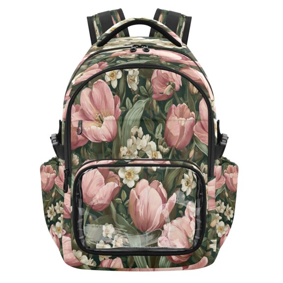 25L PVC Casual Backpack, Waterproof Large Capacity Backpack for Student Commute & Short Trips Pink Tulips Beautiful