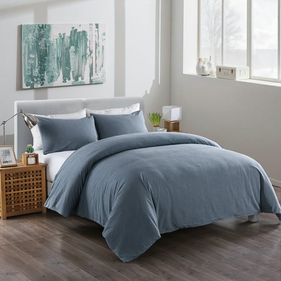 Messy Bed Washed Cotton Duvet Cover and Sham Set, Blue, Twin