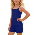 thumbnail image 5 of Amidoa Girls Summer 2 Piece Outfits Kids Solid Color Spaghetti Straps and Shorts Casual Cute Clothing Sets Navy Size 5T, 5 of 8