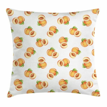 Peach Throw Pillow Cushion Cover, Vegetative Growth Botany Pattern Orange Drupes Freshly Picked From the Trees, Decorative Square Accent Pillow Case, 20 X 20 Inches, Pale Orange Green, by