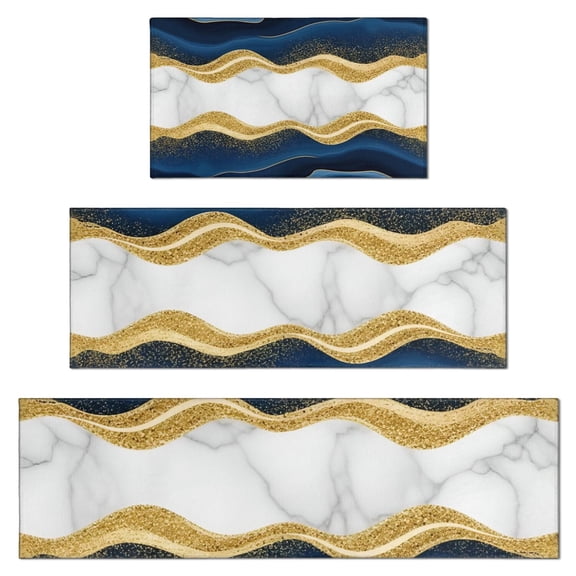 Blue Marble Gold Wave Pattern Kitchen Rugs Sets Of 3,Kitchen Runner Rugs Non Skid Washable,Decorative Kitchen Floor Mats for Kitchen,Sink,Laundry,17"x30" 17"x47" 17"x59"