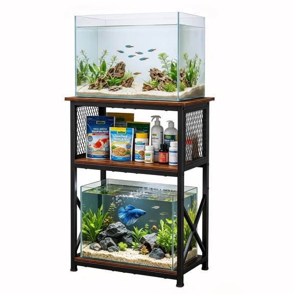 10 Gallon Fish Tank Stand, 3-Tier Metal Aquarium Stand with Storage, Heavy Duty Fish Tank Table, Adjustable Feet, Brown, 20.47x11.4x31.88 in
