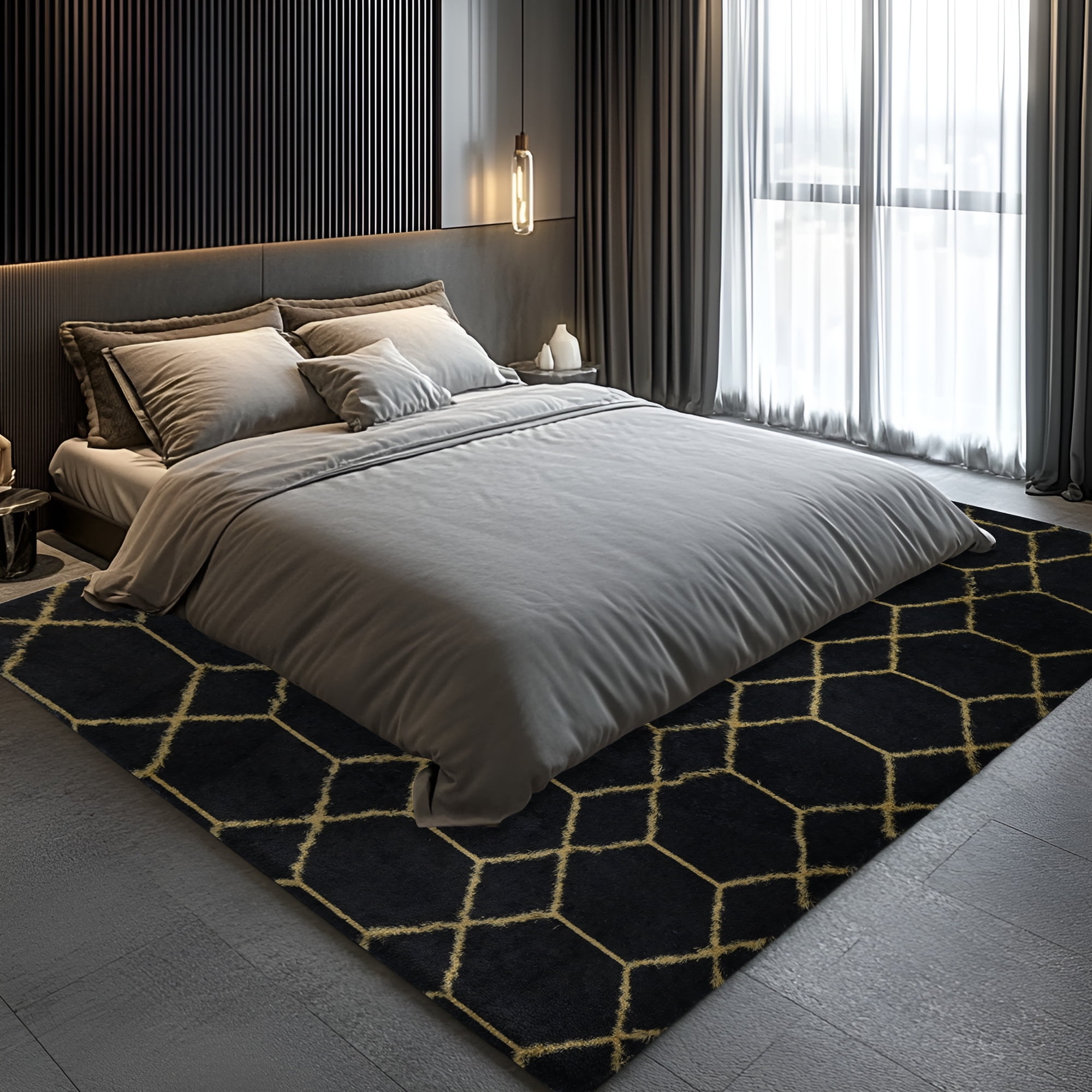 Pentantan 5ft x 8ft Shag Area Rugs for Living Room, Modern Geometric Fluffy Bedroom Carpet, Black & Gold