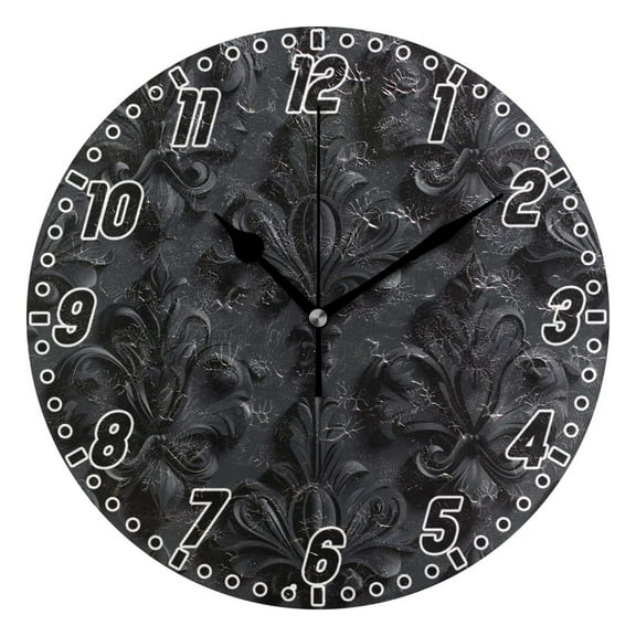 3d Dark Black Damask Round Wall Clock Battery Operated Silent Non-Ticking Bedroom Office Kitchen Home School Decor 10"(Black)