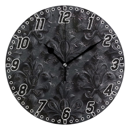 3d Dark Black Damask Round Wall Clock Battery Operated Silent Non-Ticking Bedroom Office Kitchen Home School Decor 10(Black)