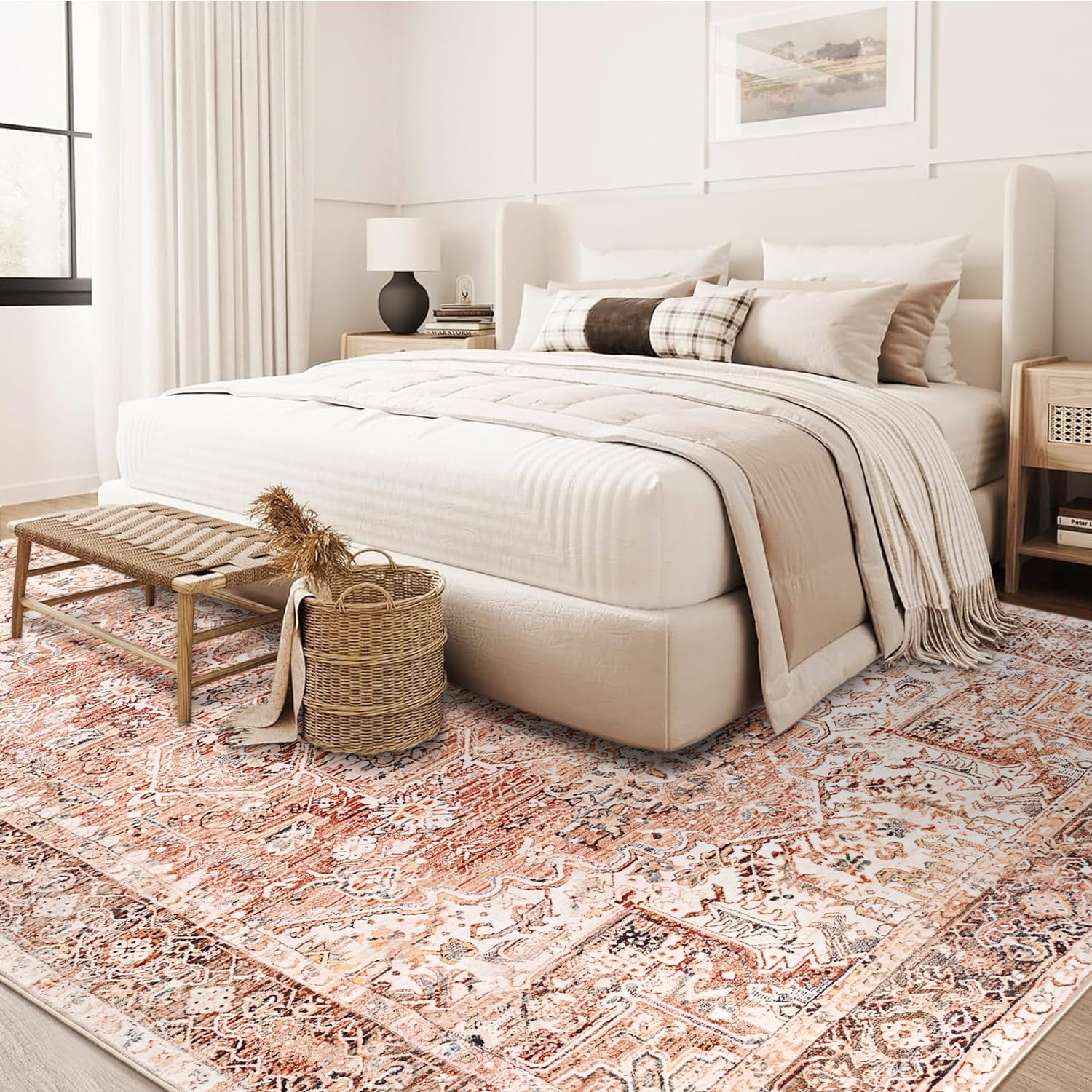 Lochas Vintage Accent Rugs Distressed Print Area Rug Low Pile Carpet for Living Room Bedroom Home Decor,Beige,6'x9'