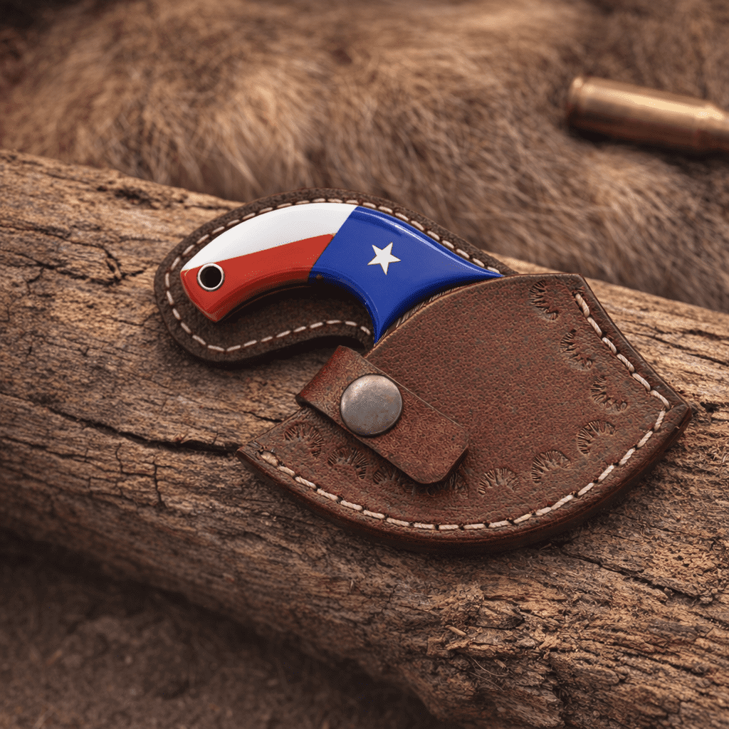 Hercules Knives Damascus Steel Ulu Knife, Fixed Blade Skinner Hunting Knife with Leather Sheath Texas Flag Resin Handle
