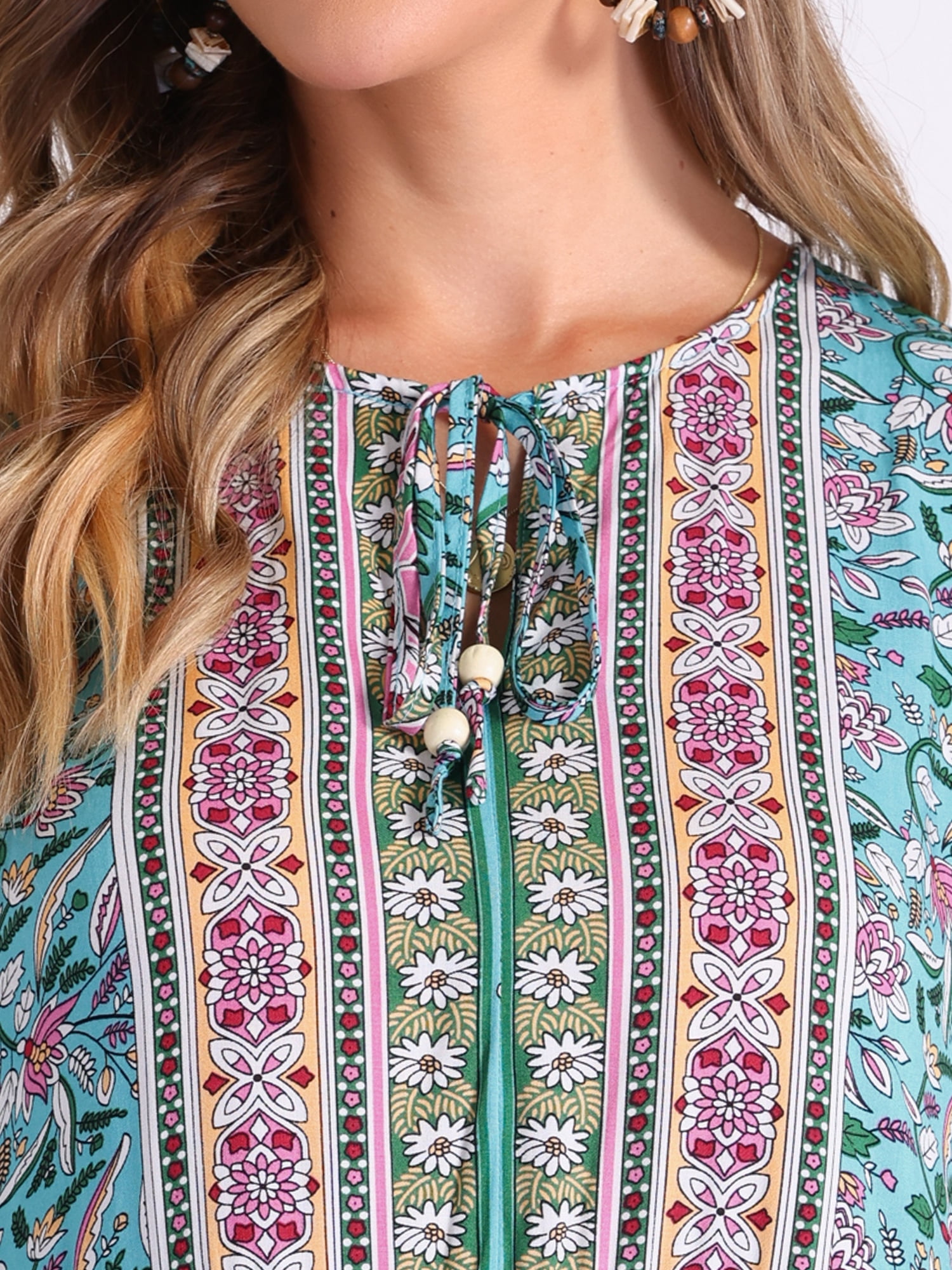DARING DIVA Boho Floral 3/4 Sleeve Flowy Babydoll Short Dress L Blue