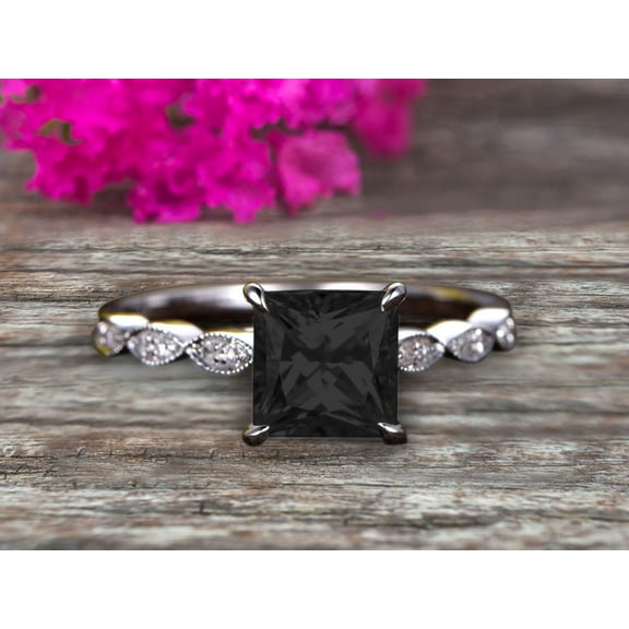 1.75 carat Classic Princess Cut Black Diamond Moissanite Engagement Ring on 10k White Gold Classic Vintage Art Deco
