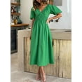 thumbnail image 2 of Faithtur Robe Longue Décontractée d'Été pour Femmes Couleur Unie Froncée Col en V Manches Courtes Mode Plage Vacances, 2 of 9