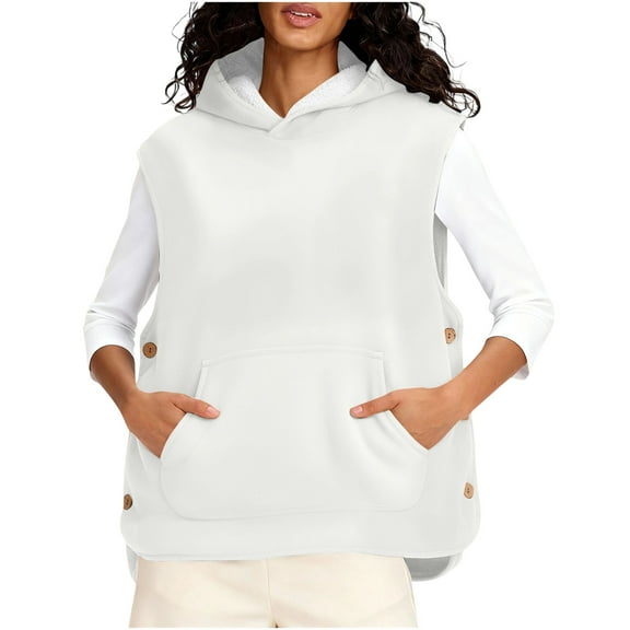 Plebaso Women's Fleece Lined Hooded Vest Pullover Sleeveless Hoodies with Side Button Womens Warm Outerwear