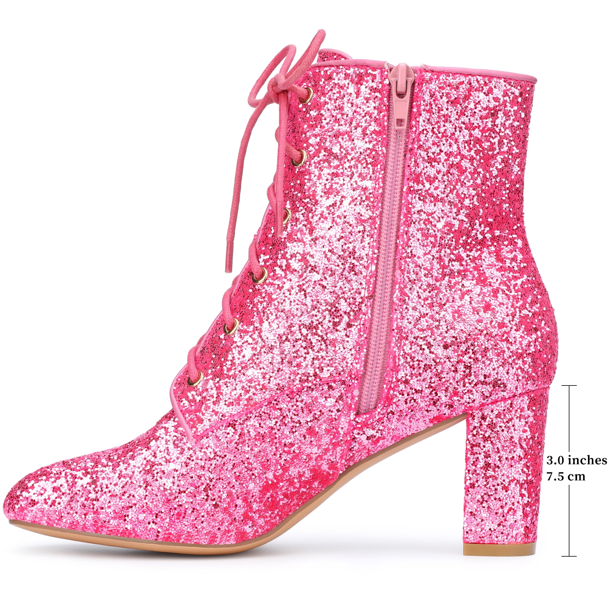 DARING DIVA Women's Square Toe Glitter Block Heels Ankle Boots Pink 10
