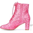 thumbnail image 4 of BLISSFUL STEP Women's Ankle Boots Chunky Heel Lace Up Side Zip Square Toe Party Boots Pink 7, 4 of 7