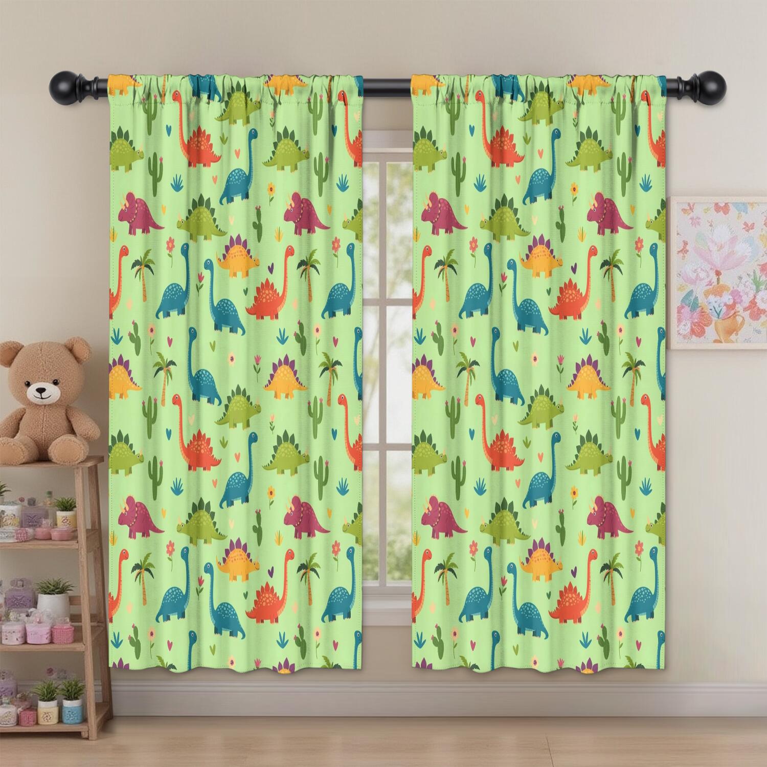 Blackout Kids Curtains,Green Dinosaurs Cacti Hearts Childrens Insulated Curtains Set Of 2,Bedroom Essentials,Toddler Room Decor 52"x63"