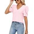 thumbnail image 1 of Mujeres V cuello superior puff manga camisa manga corta Top suelta ahueca hacia fuera camisa delgada, 1 of 6