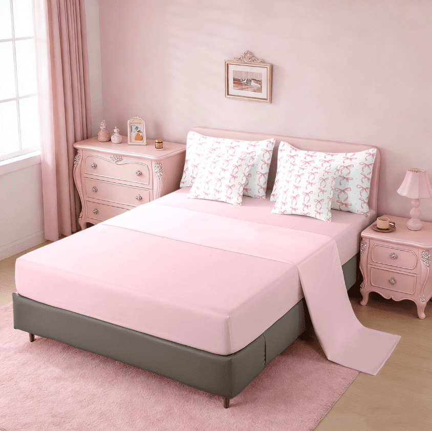 Manfei Pink Bow Comforter Set for Girls,Cute Ribbon Bowknot Bedding Set 7Pcs,Chic Aesthetic Princess Room Decor,All Season Cozy Quilt for Kids Bedroom,Twin Size,Pink Reversible