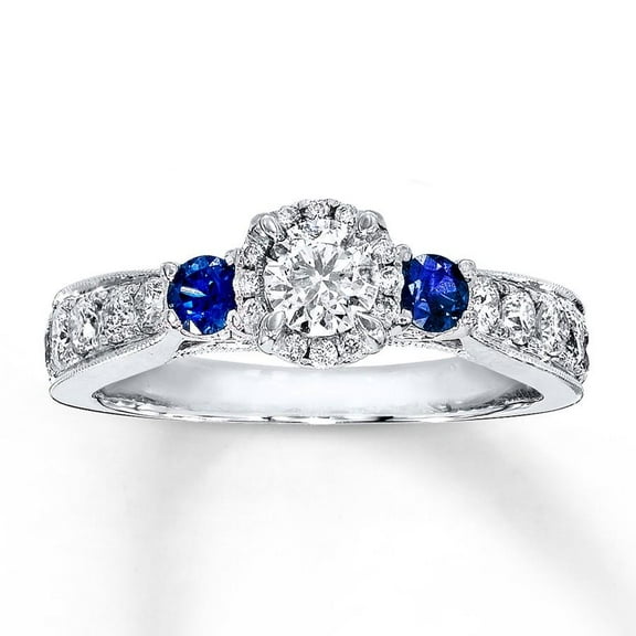 Classic Art Deco 1.50 Carat 6mm Round Moissanite Diamond And Blue Sapphire Halo Engagement Ring in 10k White Gold