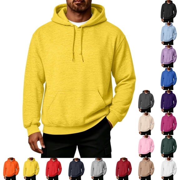 UDAUDU Mens Hooded Sweatshirt Casual Relaxed Fit Thermal Fleece Pullover Hoodie Ribbed Cuffs Hem for Workout Outdoor Activities Yellow S