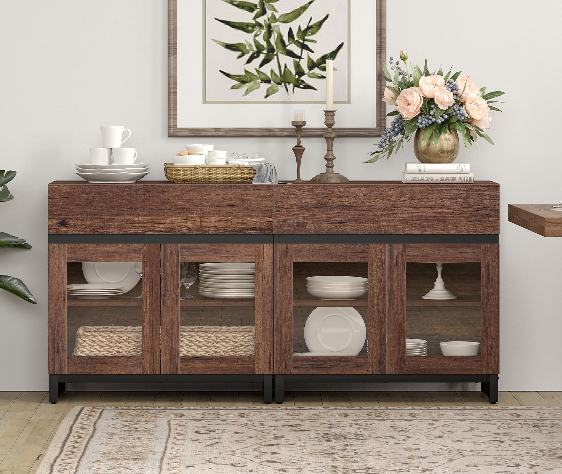 2 in 1 Sideboard with 4 Glass Doors & 2 Drawers, Metal Base, Wood Grain for Living Room, Kitchen，Brown