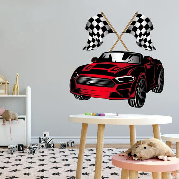 Sports Wall Decals for Boys Bedroom - Crossed Checkered Flags Waving Car DIY & Creativity Boy Girl Bedroom Wall Sticker - Size: 30 In x 30 In