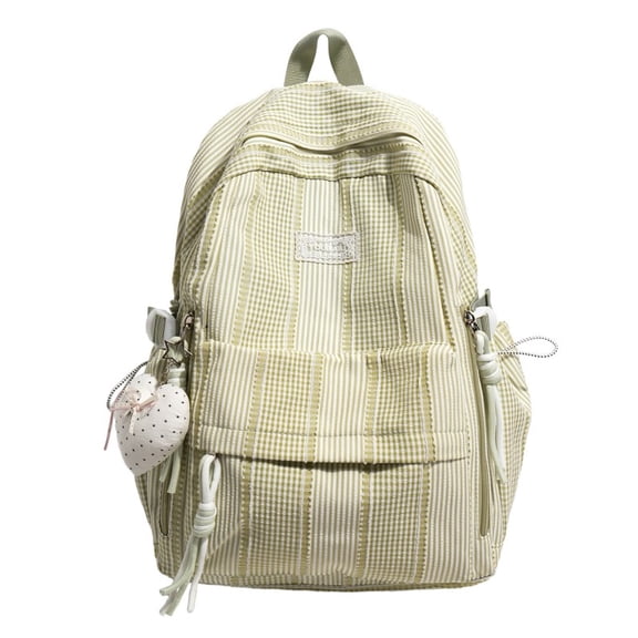 Plaid Stripe School Backpack, Waterproof Laptop Backpack with Pendant, Nylon Lightweight Bag for Travel Work College, Green