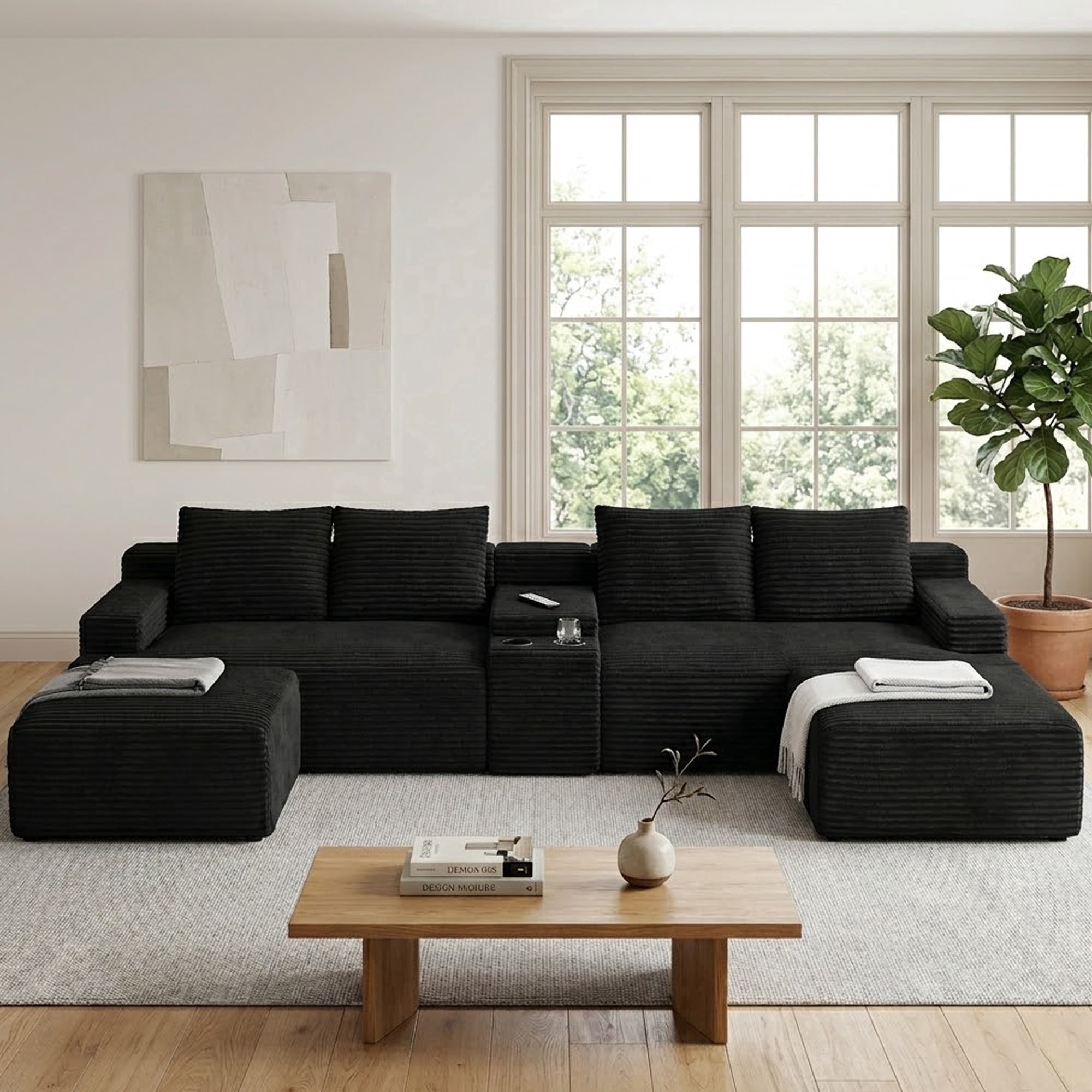 Vanress 140" Oversized Modern Cloud Couch, Modular Sectional Sofa, U Shape Couches Deep Seat with Cupholders and Storage, Corduroy Boneless Couches for Living Room, No Assembly Required, Black