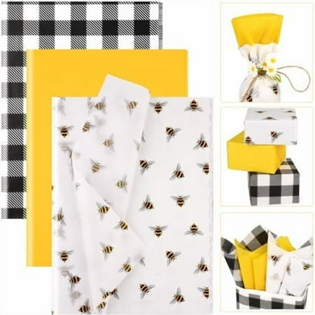 100 Sheets 20 * 14 Inches Bee Tissue Paper for Gift Wrapping Buffalo Plaid Tissue Paper for Gift Bags Yellow Tissue Paper for Birthday Bee Themed Party DIY Craft