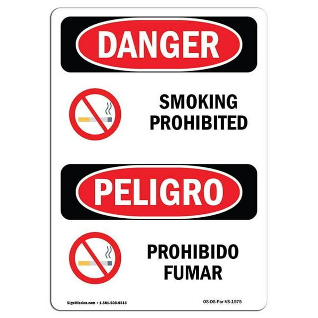 SignMission OS-DS-A-1218-VS-1575 12 x 18 Po Signe de Danger OSHA - Interdit de Fumer Bilingue