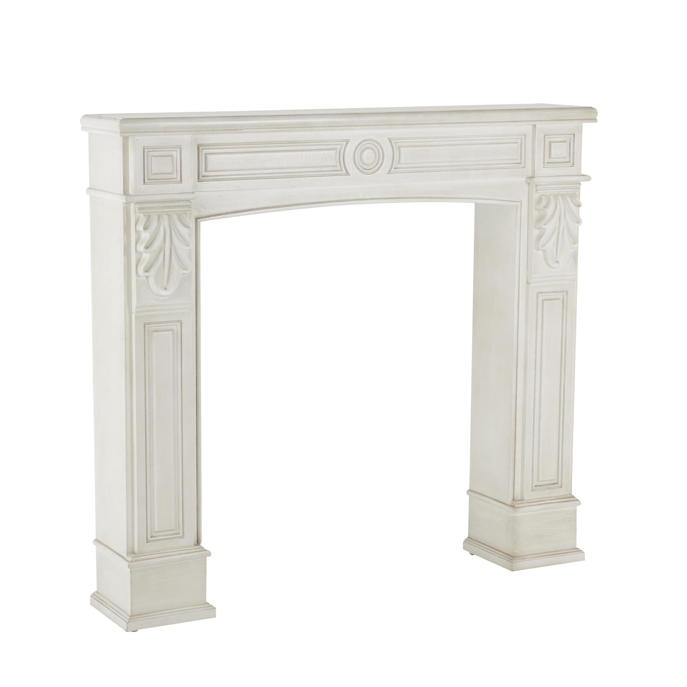 DecMode 47" x 43" Wooden White Freestanding Surround Fireplace Mantle with Leaf Accents
