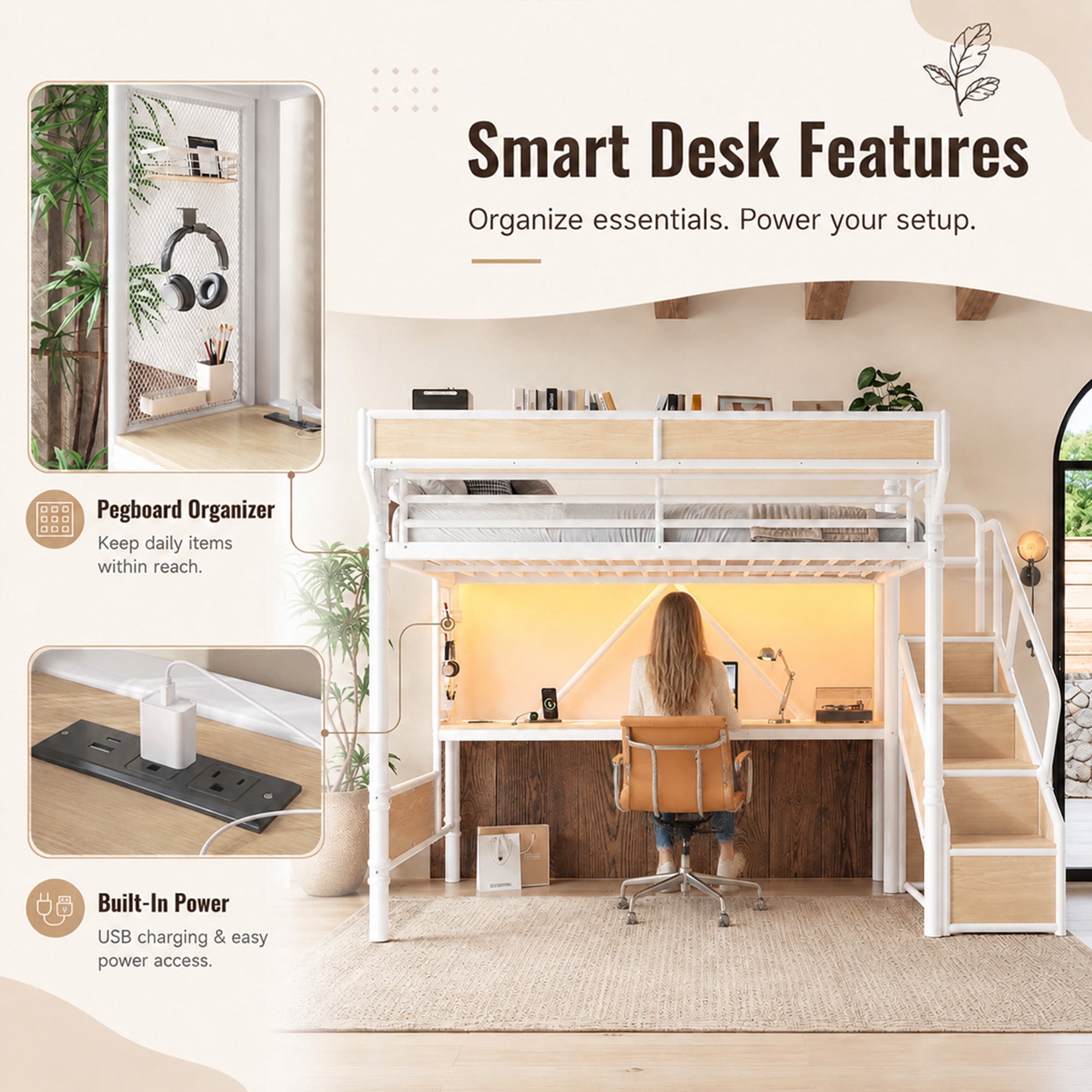 Leumius Queen Size Metal Loft Bed with Built-in Desk & Power Outlet, LED Strip, Industrial Metal Loft Bed Frame with Pegboard & Mesh Storage Baskets, Storage Stairs with Wardrobe, White