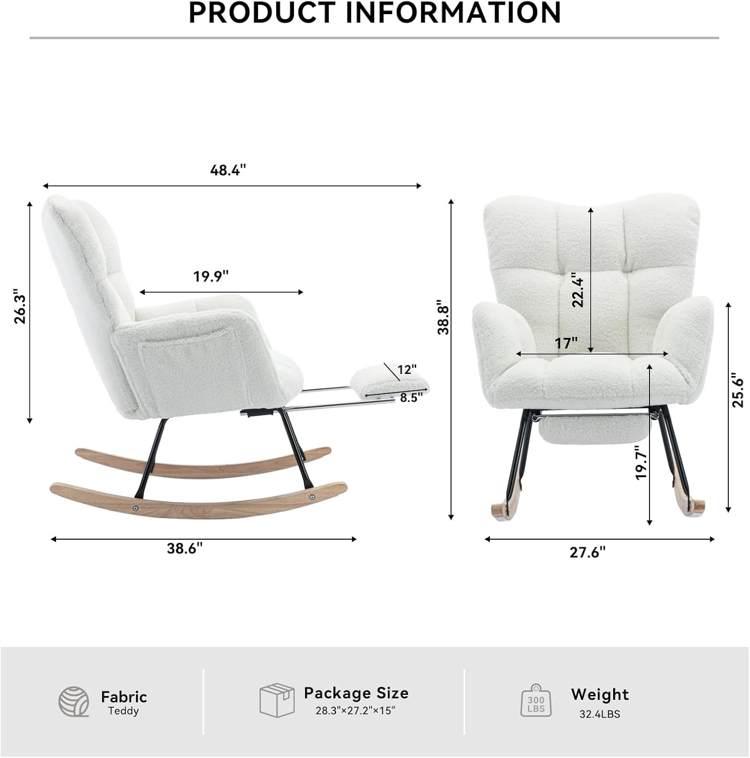 Rocking Chair Nursery Teddy Upholstered Glider Rocker High Backrest Nursery Rocker Comfortable Armchair