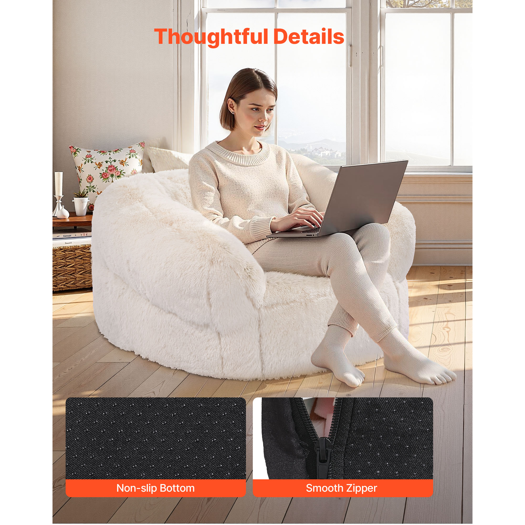 KFFKFF Bean Bag Chair with Armrests, Plush Sofa Chair for Adults, Soft Fabric & High-Density Foam Filling, Comfortable Lounge Chair for Living Room or Bedroom, Beige