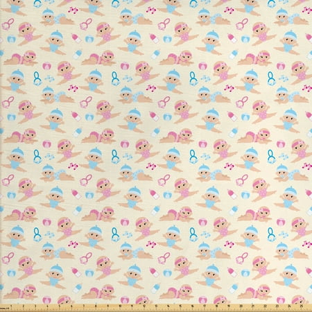Milk Fabric Baby Fabric by The Yard, Baby Boy Girl Crawling Lying down Rattle Ball Milk Bottle Pattern Brother Sister, Decorative Fabric for Upholstery and Home Accents, by Ambesonne ()