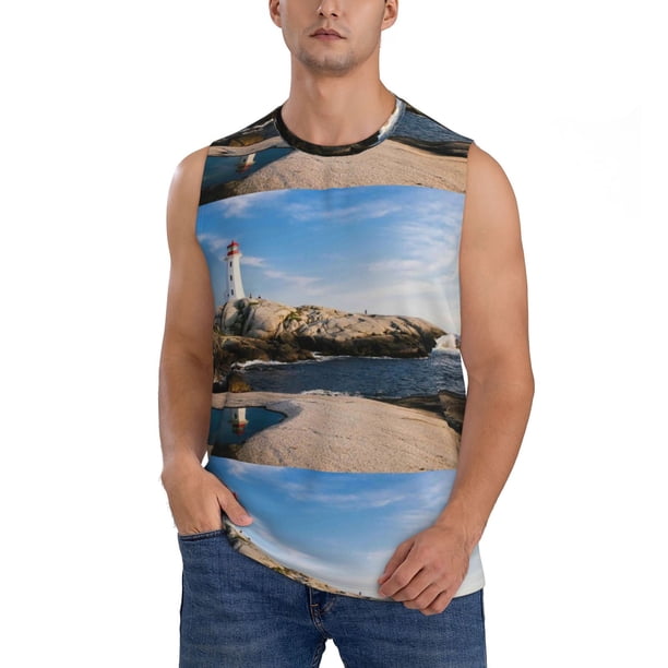 Fotbe Lighthouse Men's Camiseta sin Mangas Estampada para Hombres, Playera Casual para Gimnasio, Entrenamiento, Playa-3X-Large