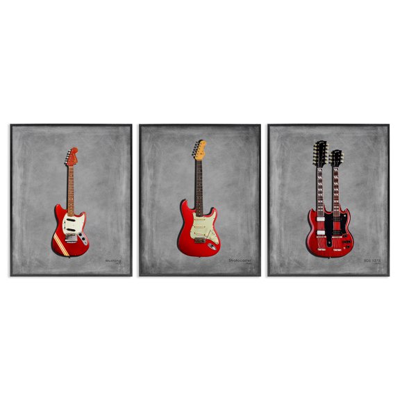 Stupell Industries Red Guitars Collection Music Painting Black Framed Art Print Wall Art, 11 x 14, Set of 3