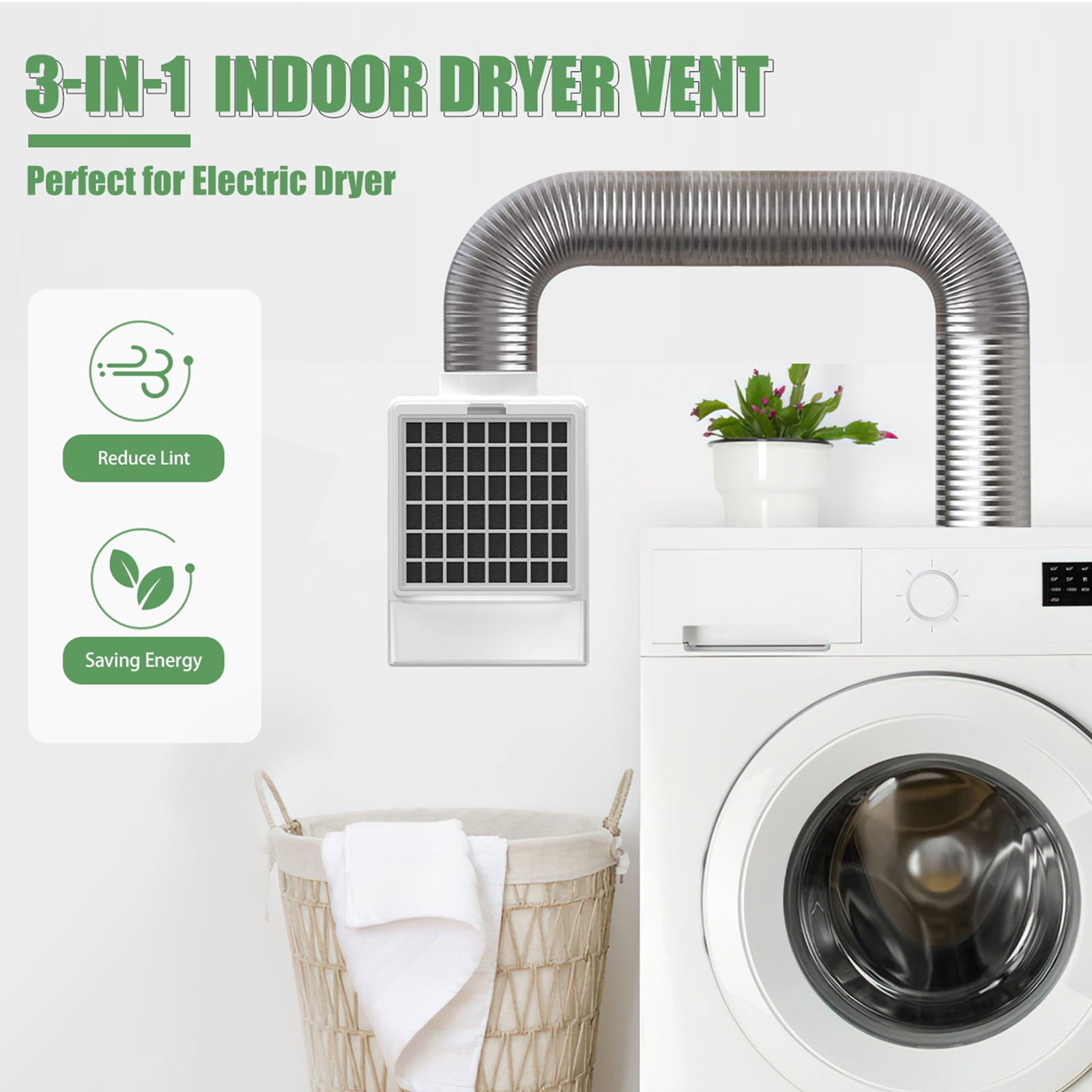 TUOOWO 3 in 1 Indoor Dryer Vent Kit - Dryer Vent Screen Filter Bucket Box for Electric Dryer Inside Use, with 4in by 5ft Silver Hose Duct & 4 Pieces Filters