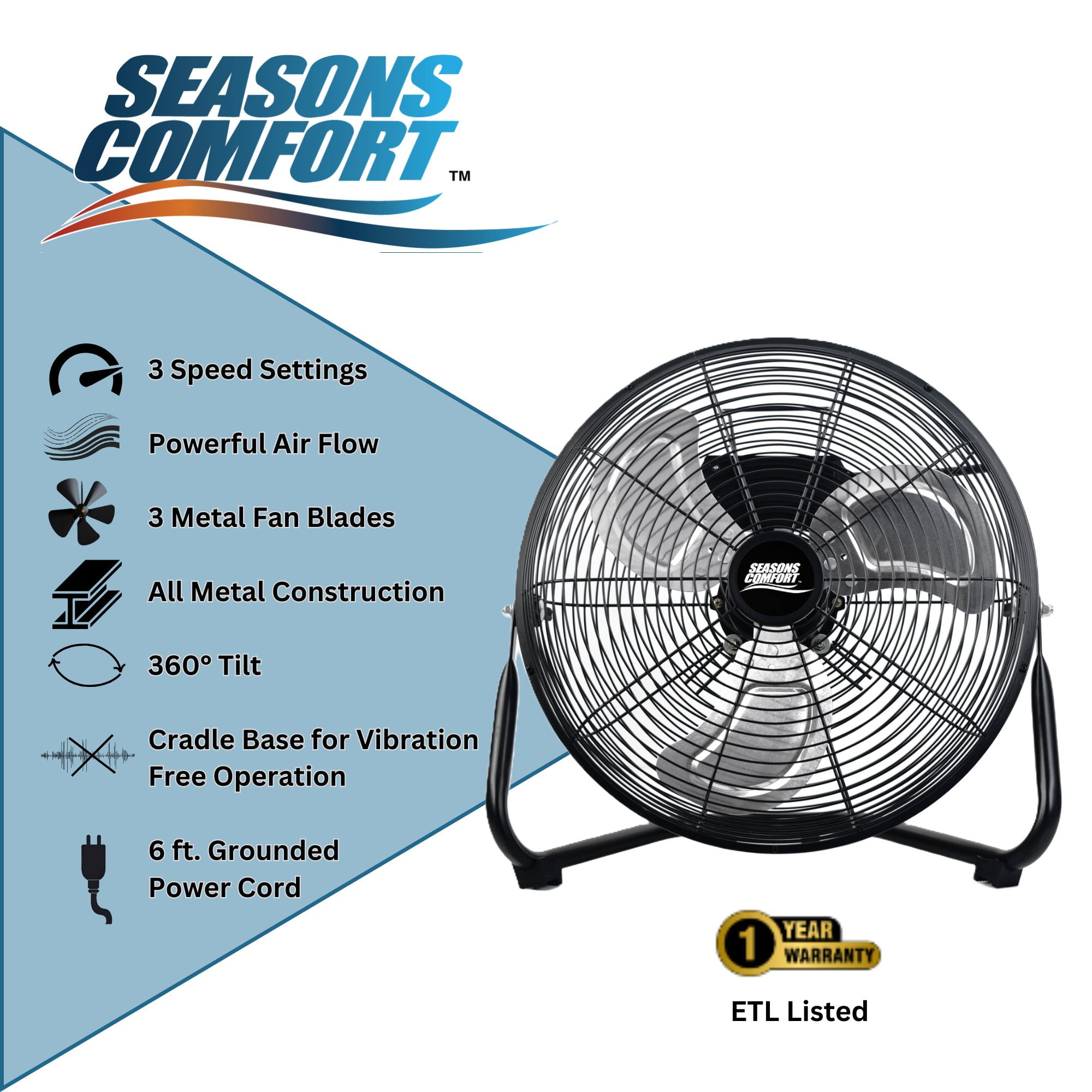 Seasons Comfort 14-In. 3-Speed High-Velocity Heavy-Duty Floor Fan, FHV14, Black, FHV14