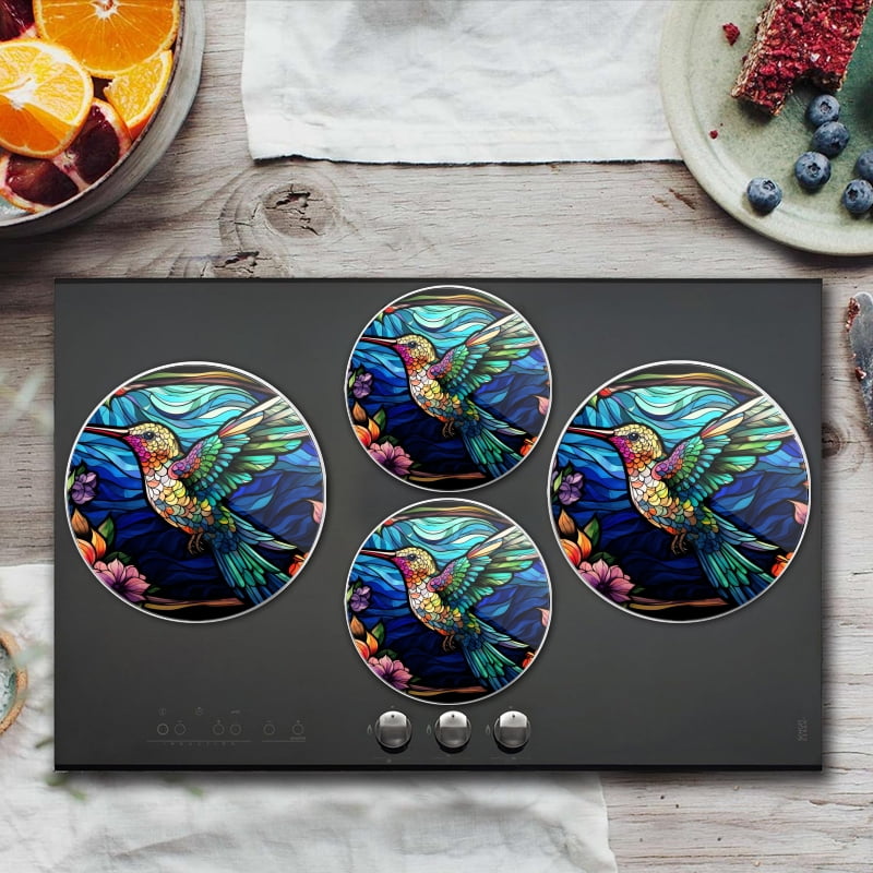 BaHomeck Electric Stove Burner Covers Set of 4,Round Metal Gas Stove Burner Covers 8 Inch and 10 Inch,Kitchen Decor,Stained Glass-Style Hummingbird In The Flowers
