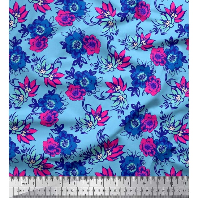 Soimoi Poly Georgette Fabric Leaves,Cosmos & Anemone Floral Printed Craft Fabric by the Yard 52 Inch Wide