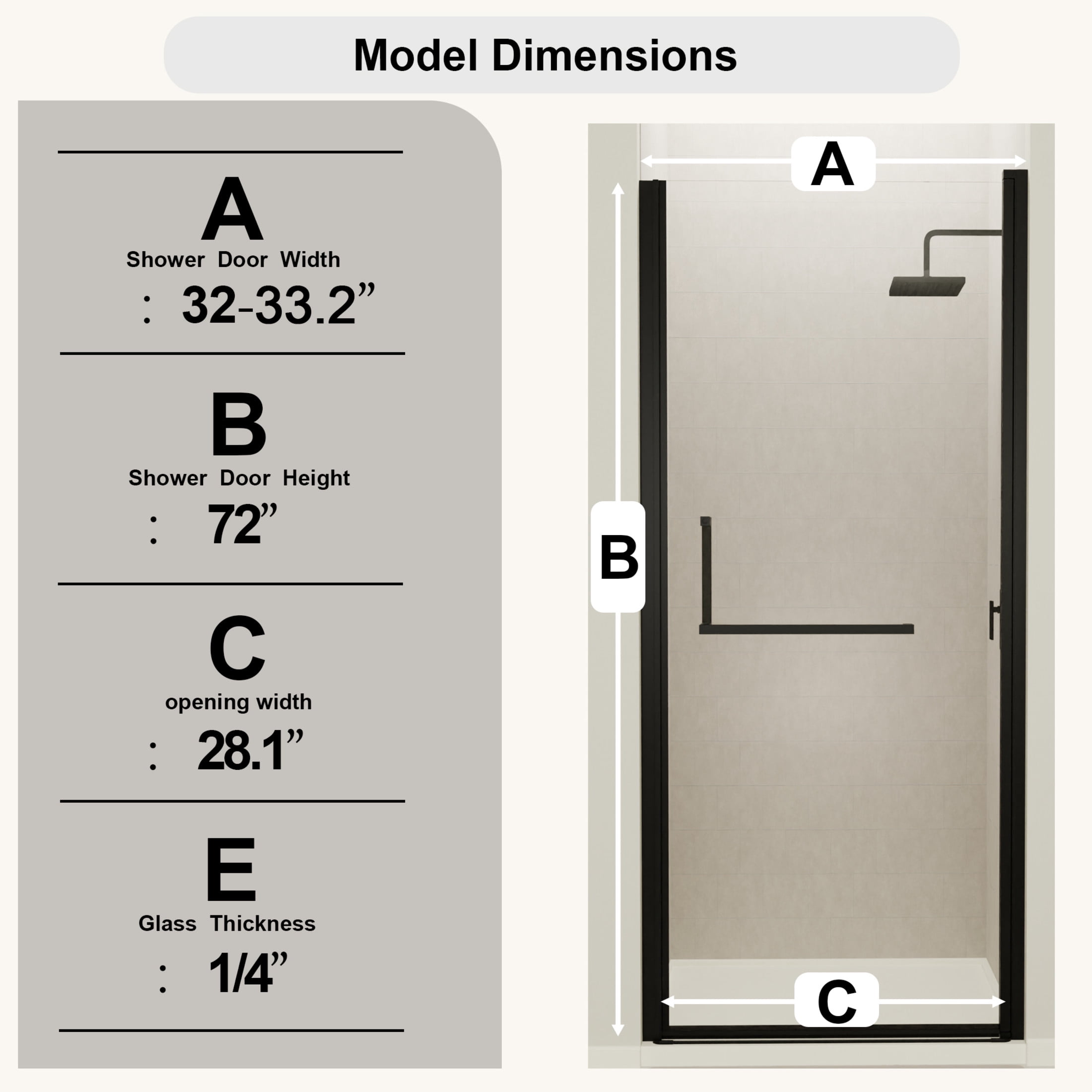 Noble House 33" Semi-Frameless Pivot Shower Door, Tempered Clear Glass, Reversible Adjustable Width, Matte Black