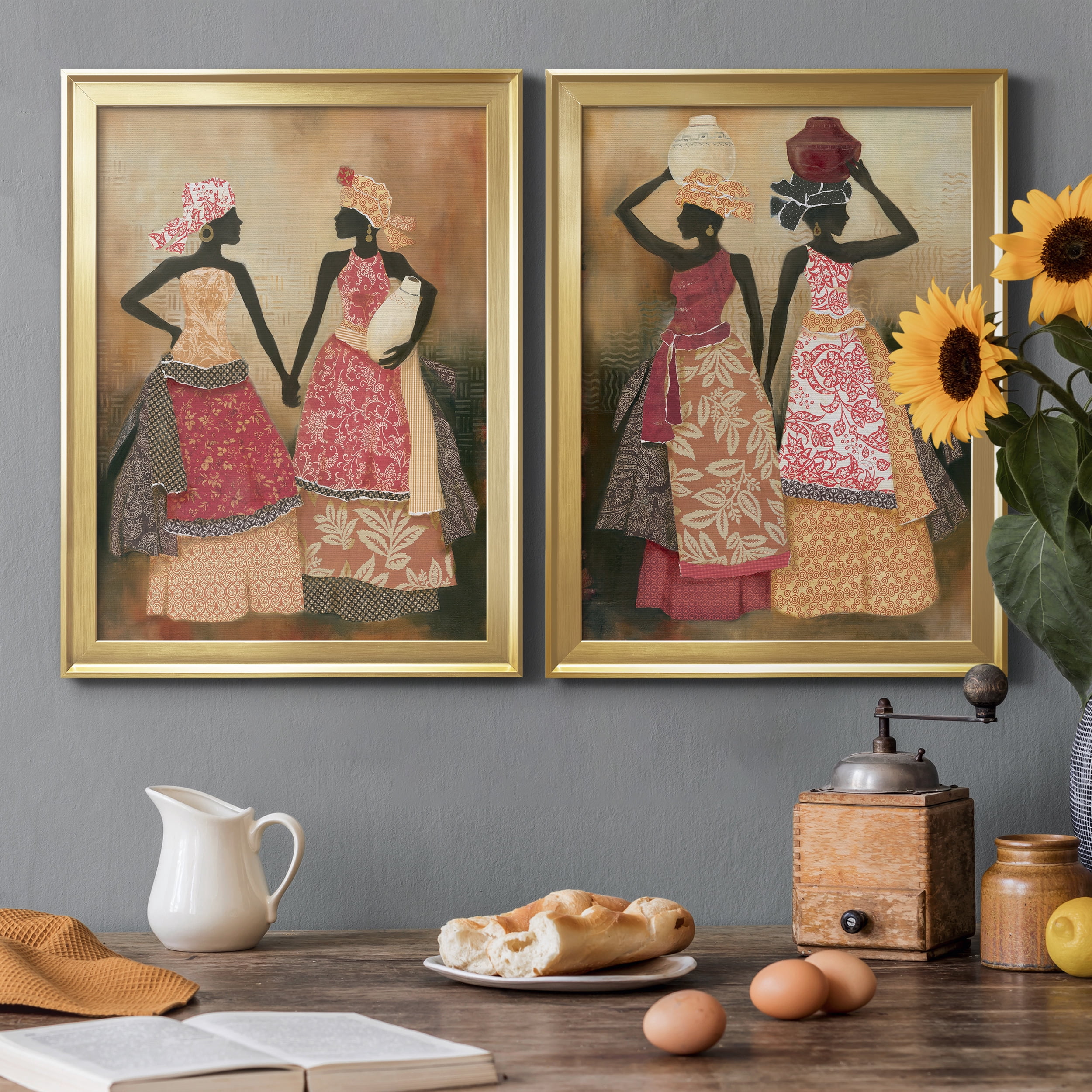 2 Piece Set Village Women I Premium Framed Canvas - Ready to Hang - 18.5 x 24.5 Each - Gold Frame