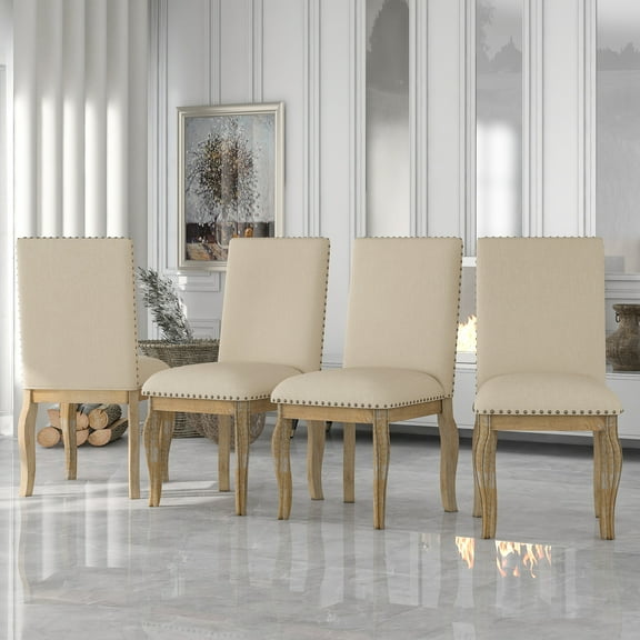 Of 4 Dining Chairs, Wood Upholstered Fabric Seating, Curved Legs For Style, Thick Cushion Comfort, 250 Lbs Weight Capacity, Natural Wash Look 4 Chair , Chairs With Chic Design, Legs, 250lb Load Soft