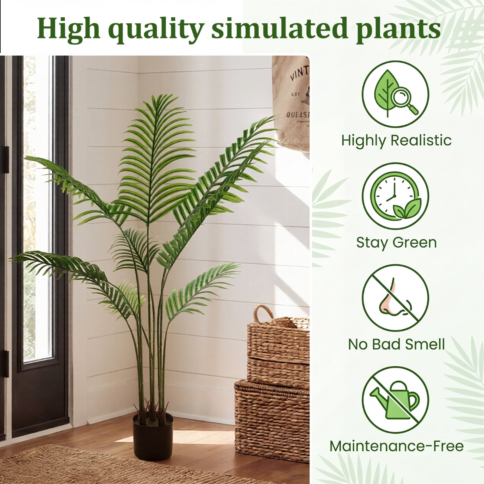 BEAUTYPEAK 4FT Artificial Palm Plants Fake Pre Potted Faux Green Tree Fake House Plants Indoor Outdoor Floor Plant