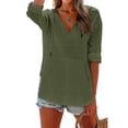 thumbnail image 5 of Women's V-Neck Hooded Beach Cover Up 2026 Lightweight Gauze Hoodie Shirts Loose Drawstring Pullover Tops with Pocket Army Green L, 5 of 7