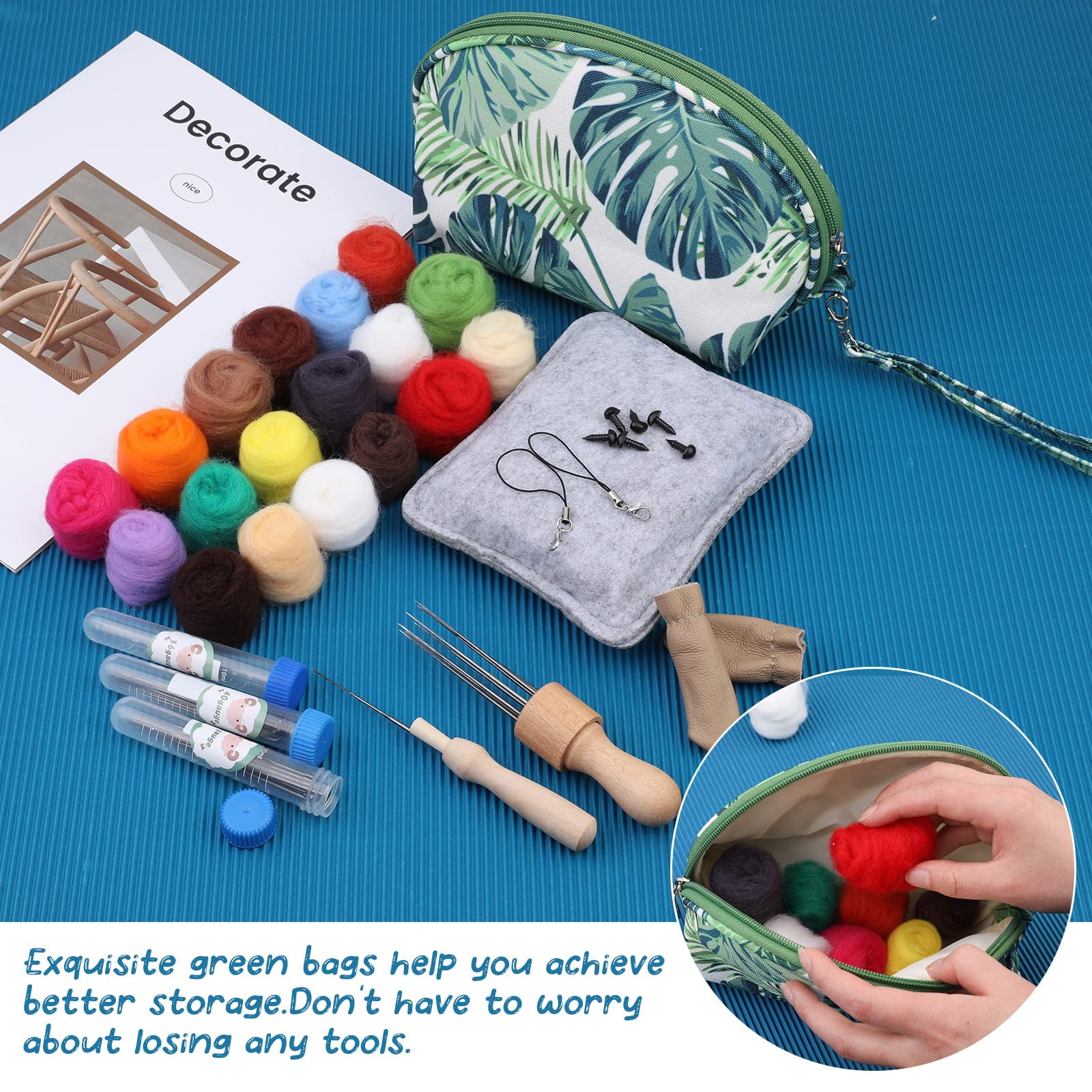 Needle Felting Kit, Needle Felting Starter Kit with Exquisite Green Storage Bag, Wool Roving 18 Colors Set, Needle Felting Tools Kit, Wool Felt Tools for Felted Animal Needle Felting Supplies