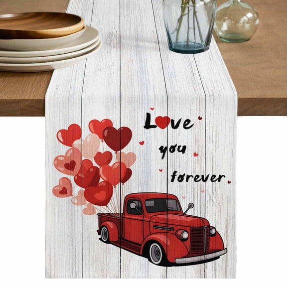 Vintage Valentine's Day Table Runner 60 Inches, Red Love Heart Truck Wooden Bed Runner Dresser Scarves Tabletop for Indoor Outdoor Parties/Ceremony/Banquet, 13" x 60"